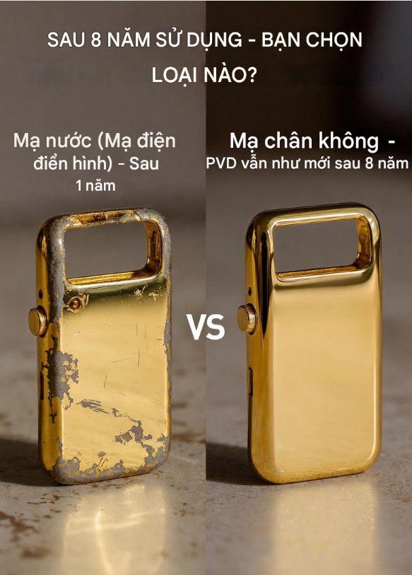 so sánh inox mạ vàng PVD và mạ nước sau 8 năm sử dụng