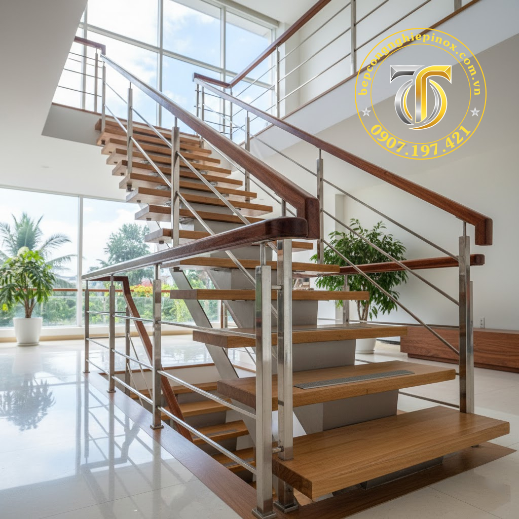 Cầu thang inox tay vịn gõ lim Nam Phi tại Quận 12