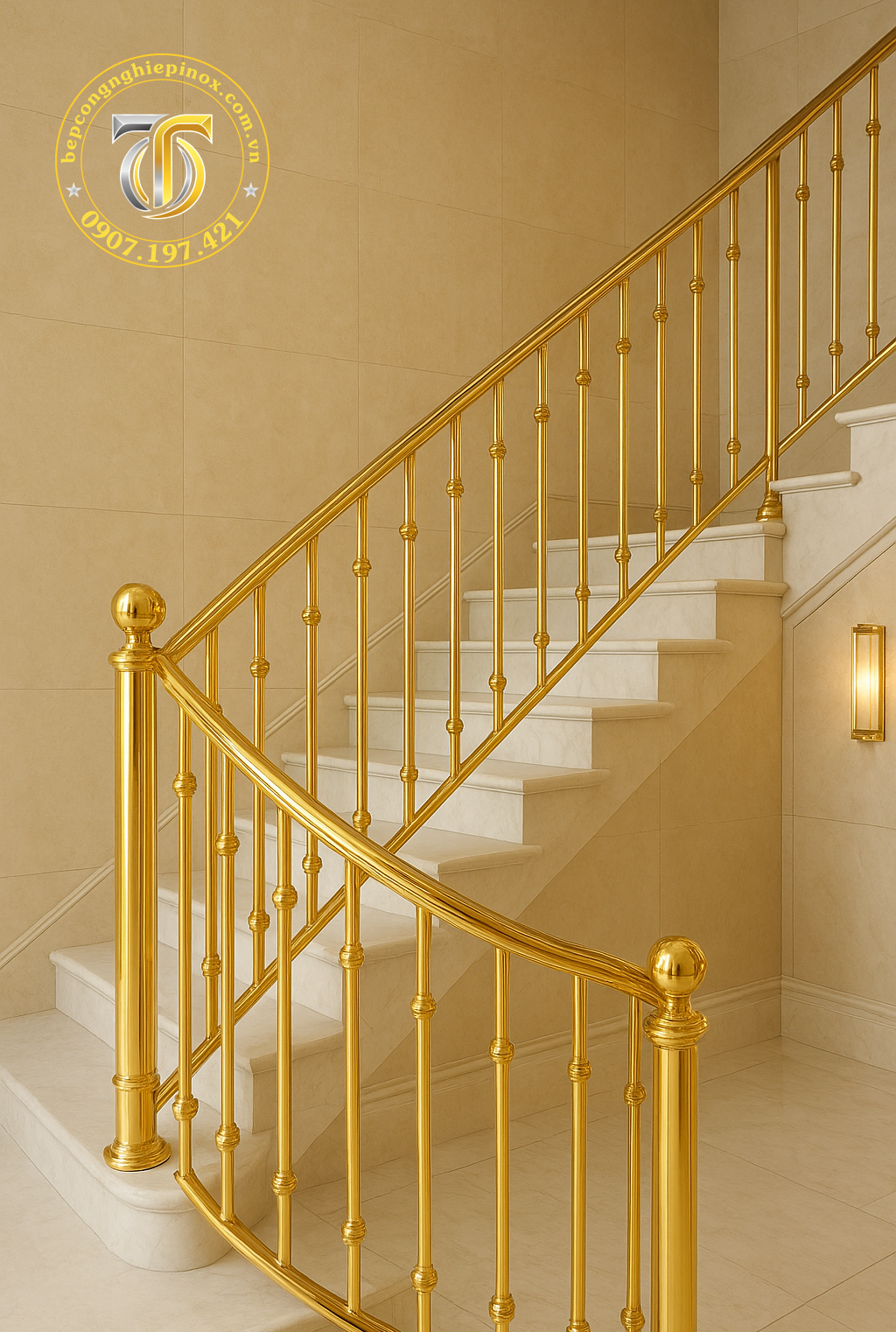 mẫu cầu thang inox đẹp mạ vàng PVD sang trọng