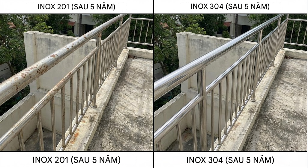 So sánh lan can inox 201 và inox 304 sau 5 năm sử dụng thực tế tại TP.HCM
