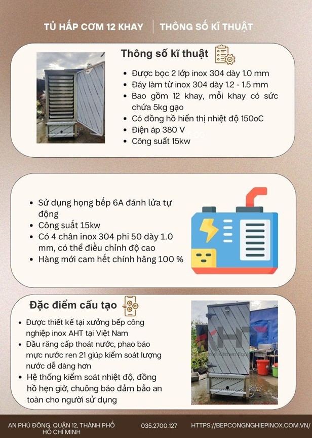 Cấu tạo tủ nấu cơm công nghiệp 12 khay tại bepcongnghiepinox.com.vn